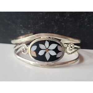 Aplaca Mexico MOP & Enamel Floral Cuff Bracelet Vintage READ Description